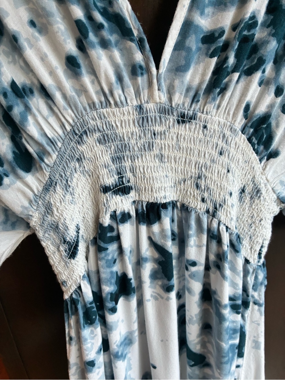 Japna Blue & White Watercolor Smocked Maxi Dress | Boho Empire Waist - Picture 3 of 7